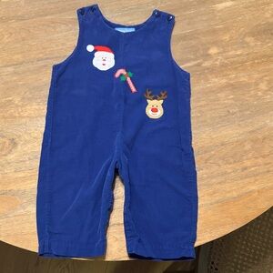 Blue Kids Overalls with Santa and Reindeer Embroidery
